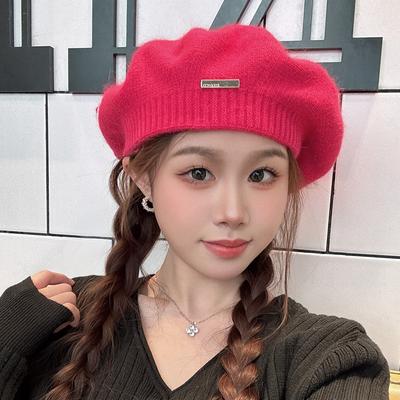 Boina de punto de lana para mujer, gorro de pintor japonés sencillo para otoño e invierno, gorro con línea de cabello y circunferencia de cabeza grande