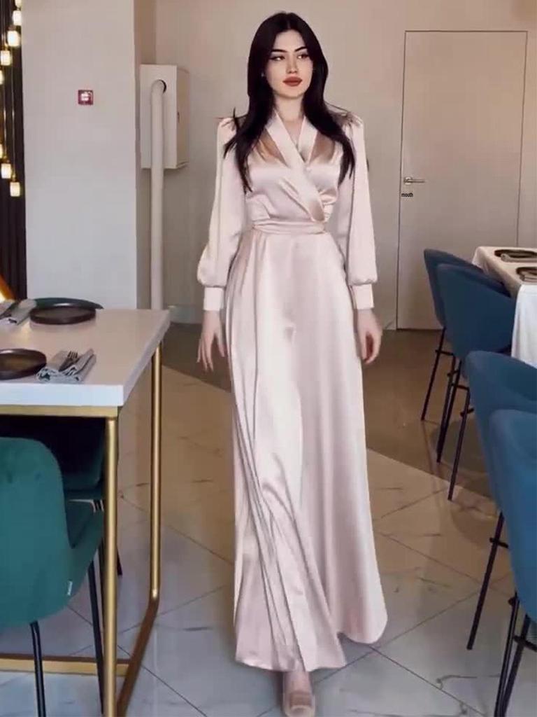 European Spring 2024 V-Neck Lace-Up Long Sleeve Dress with Waist-Cinch