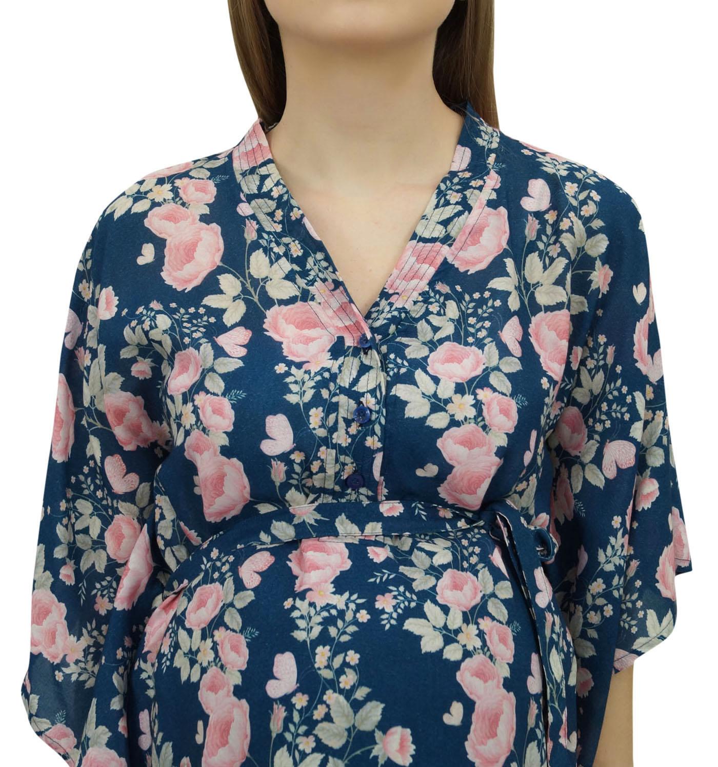 

Bimba Чорний кафтан для вагітних з рукавами-кімоно Moms із квітковим принтом і поясом-10 8 темно-синього кольору