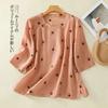 Camiseta de Verano con Estampado de Lunares y Mangas Medias Estilo Chino Algodón Lino Diseño Artístico Cuello Redondo para Mujer