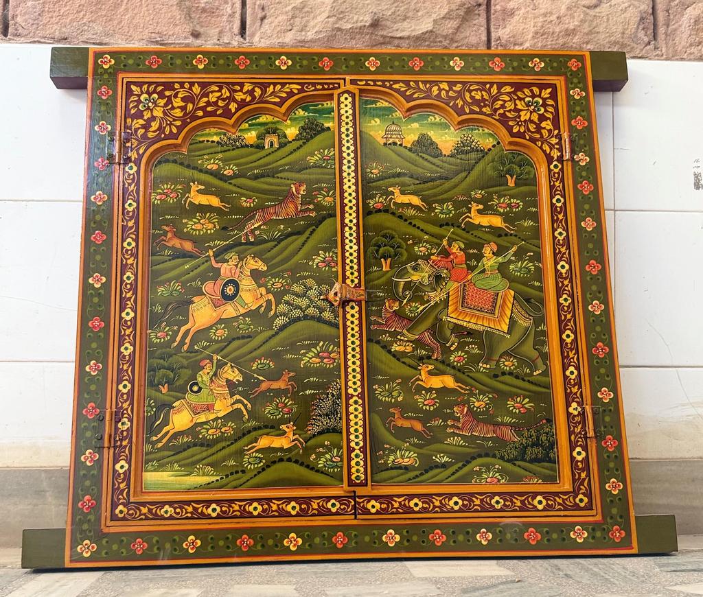 Handmade Wooden Jharokha Wall Hanging: Royal Hunting Scene, Festival Decor Frame