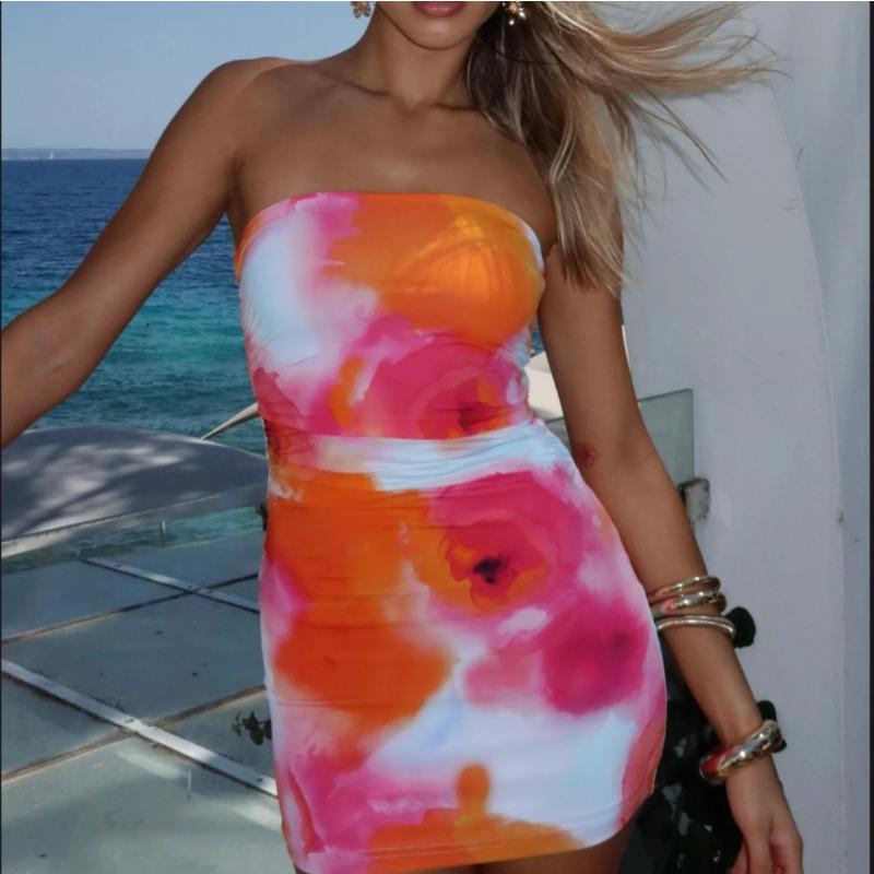 Damen Sommer Sexy Trägerlose Linie Schulter Gürteltasche Hüfte Print Kleid