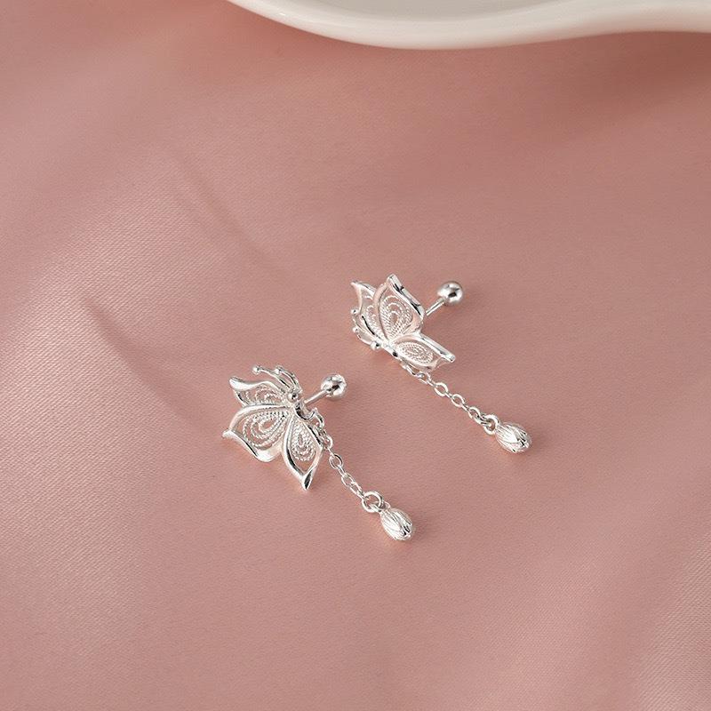 Hollow Filament Butterfly Tassel Screw Screw Stud Earrings Female Design Niche Light Luxury Lotus Bud Earrings