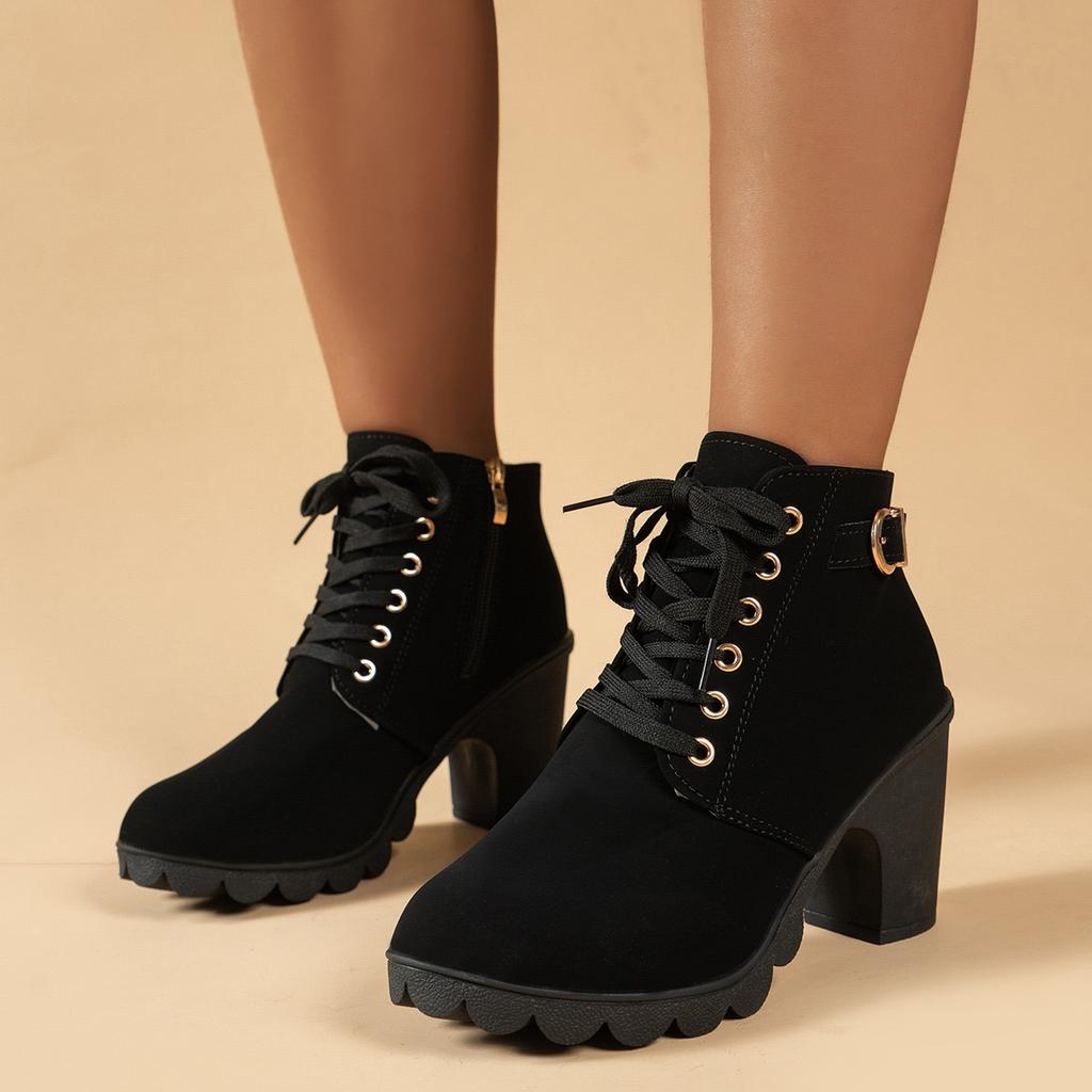 Novas Botas Pumps Femininas de Alta Qualidade com Cadarço Sapatos Europeus Femininos Botas de Salto Alto de PU