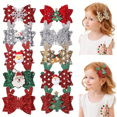 2 Stück Glitzer Weihnachten Kinder Schleifen Haarspange für Mädchen Geweih Bedruckter Stoff Pferdeschwanz-Clips Weihnachtsfeiertag Abschlussball Haarschmuck