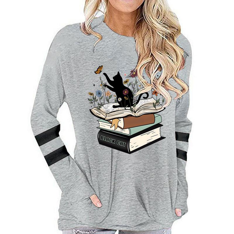 Y2K Vintage Book Lovers Streetwear T-Shirts Women Funny Cat with Books Print T Shirts Fashion Long Sleeve Cotton Women Tops Tees