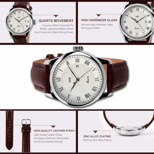 Roman Numeral Business Casual Fashion Analog Watch Classic Men's Quartz Watch with Calendar Date Window, 30M Water Resistant Comfortable PU Leather Wa