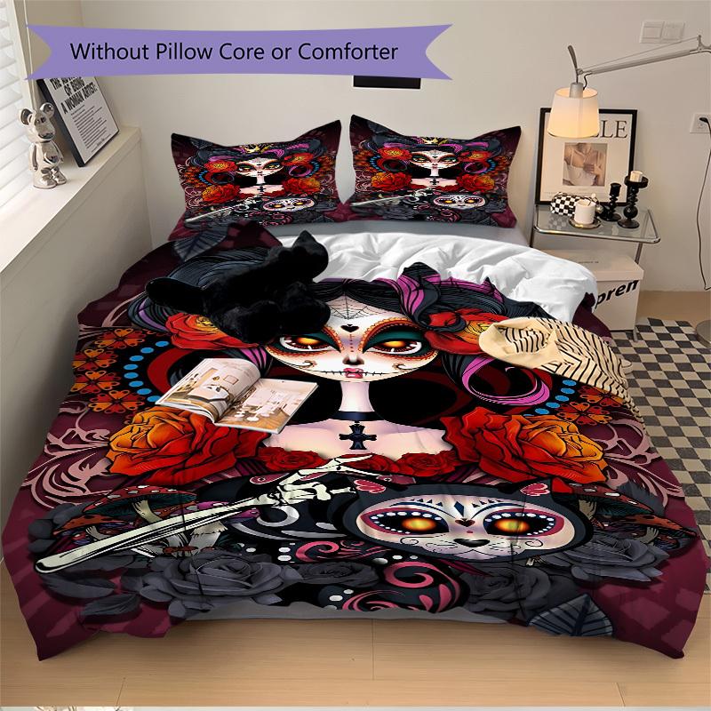 3pcs Sugar Skull Illustration Duvet Cover Set, Cover For Bedroom Guest Room (1 Duvet Cover + 2 Pillowcase, Without Quilt), yy250922204