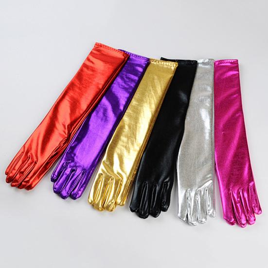 Cosplay Party Stage Performance Women Full Finger Shine Faux Leather Long Gloves