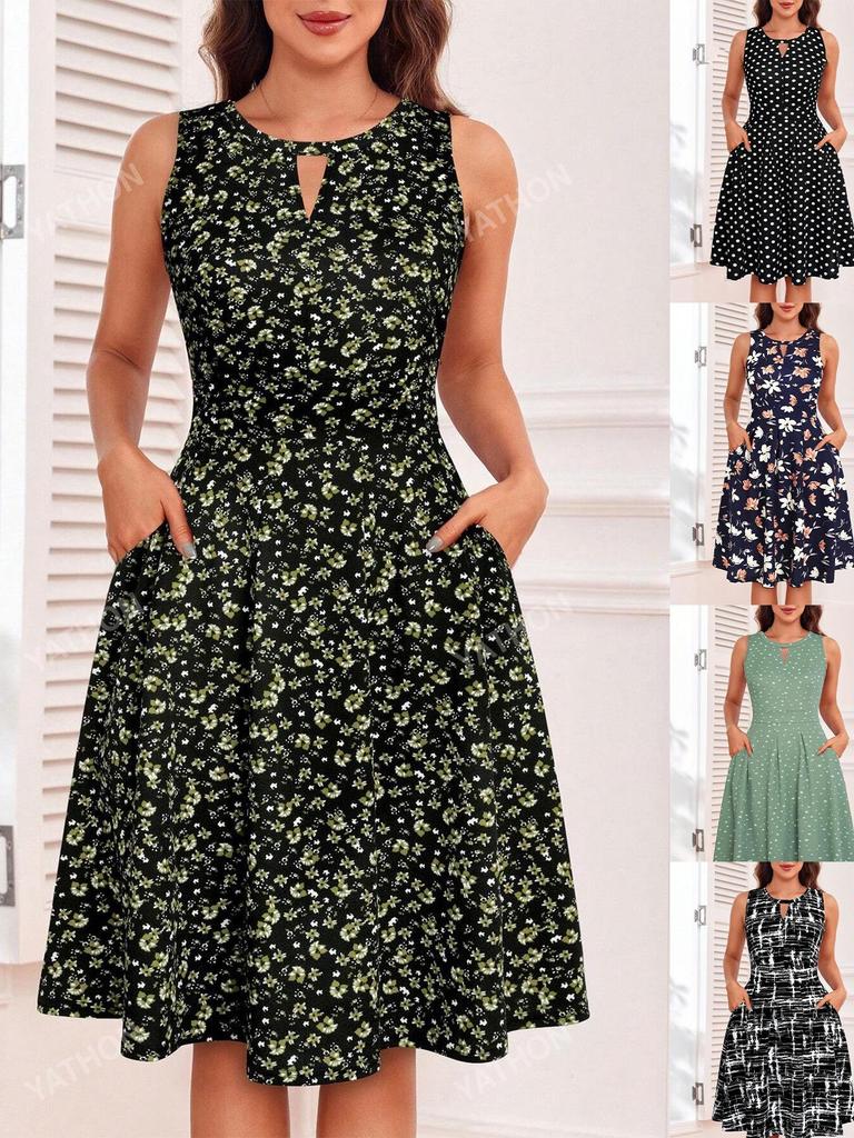 Floral Keyhole Neck Beach Dress with Hidden Zipper