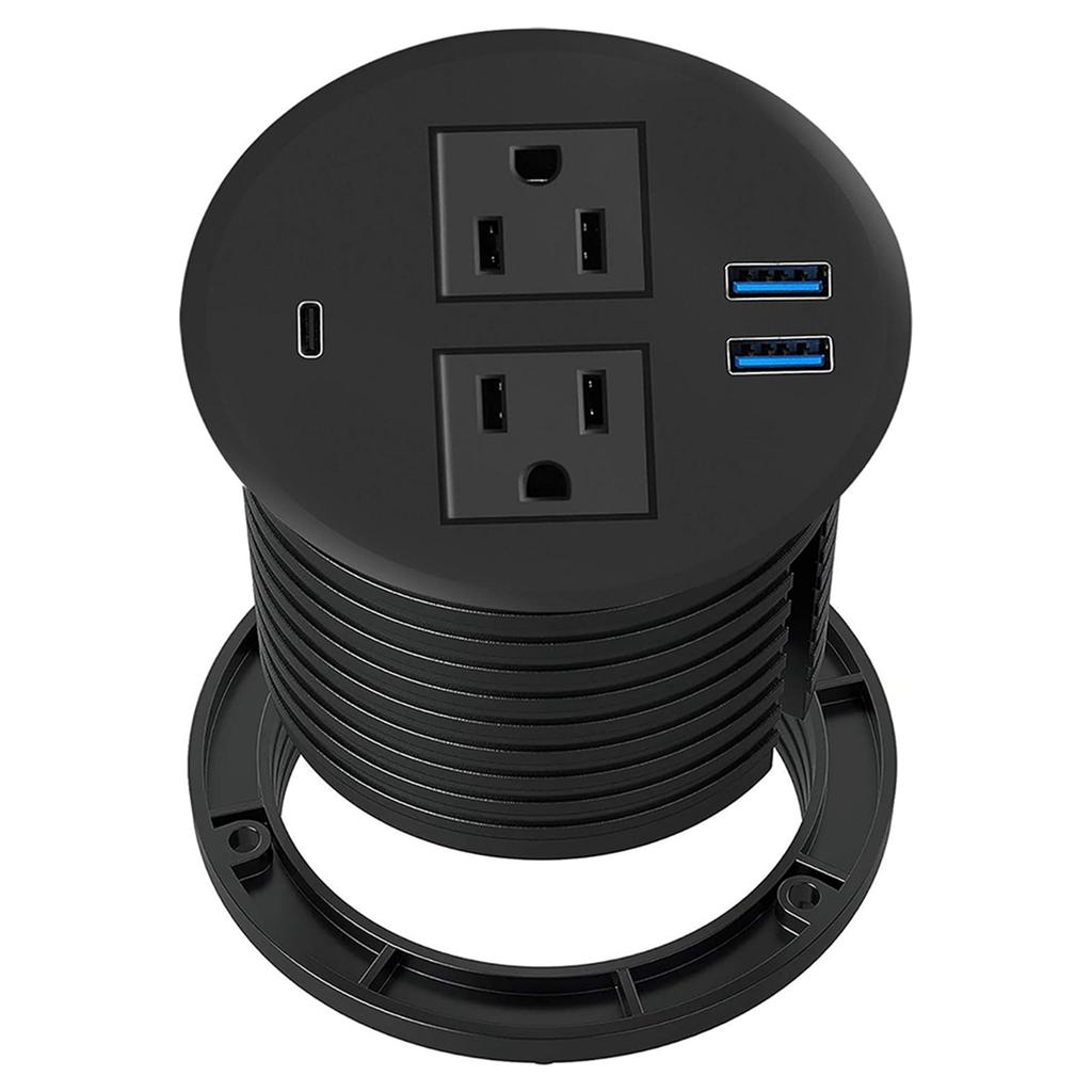 2025+Power Grommet with USB for Desktop Desktop Power Data Outlet with 2 AC Outlets and 2 USB Ports Black US Plug 2USB+1PD