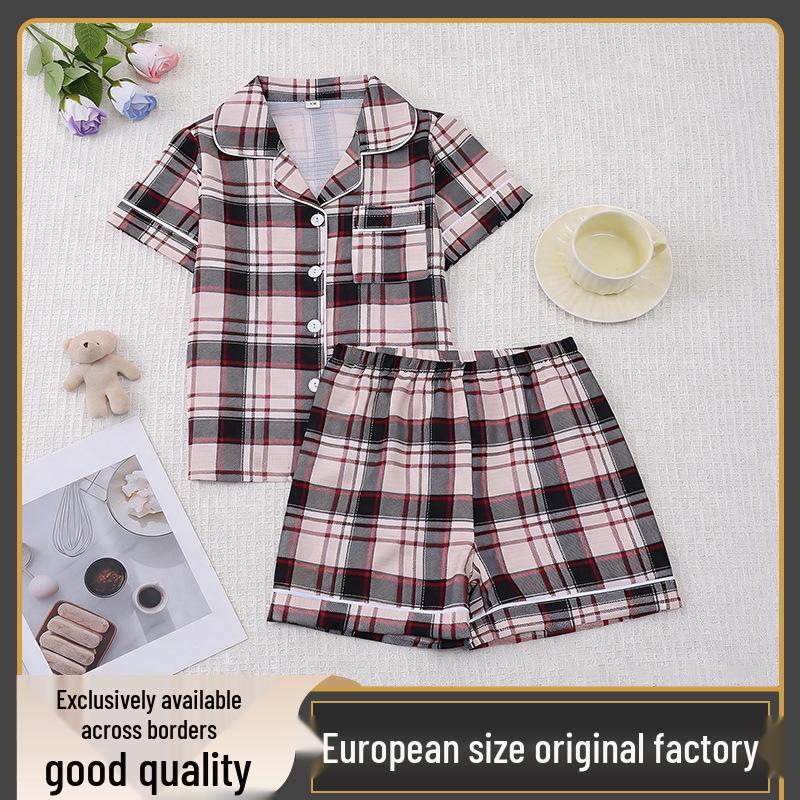 Girls Plaid Two-Piece Pajama Set - Short-Sleeved Top & Shorts 130cm