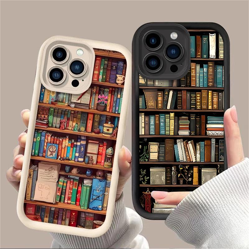 Cartoon Bookshelf Pattern TPU Phone Case for IPhone 16 16E 15 14 13 12 11 Pro Max X XS X S Max XR SE Shockproof Bumper Cover