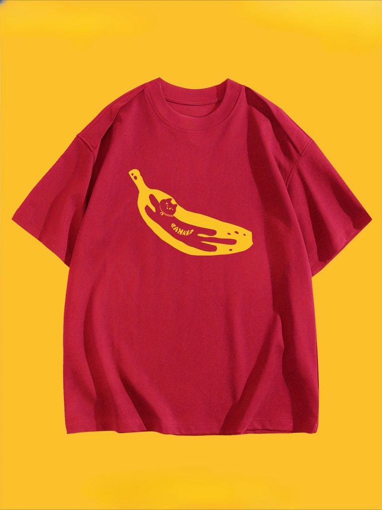 Creative Cat Banana Pattern Printed Summer Women's T-shirt Top Short Sleeve Round Neck Casual Women's Summer Clothing