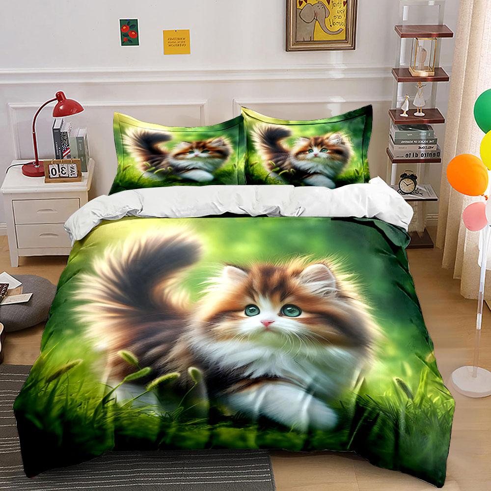 3pcs Fluffy Kitten Walking On Grass Print Soft Comfortable Duvet Cover Bedding Set Included 1*Duvet Cover 2*Pillowcases