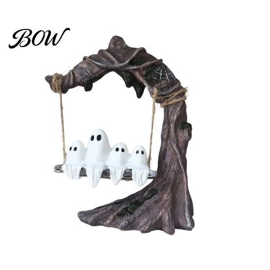 Weather-Resistant Garden Ornament Ghost On Tree Swing Halloween Decor, Resin Spooky Figurine with Vintage Whimsical Home Furnishings Base, Festive