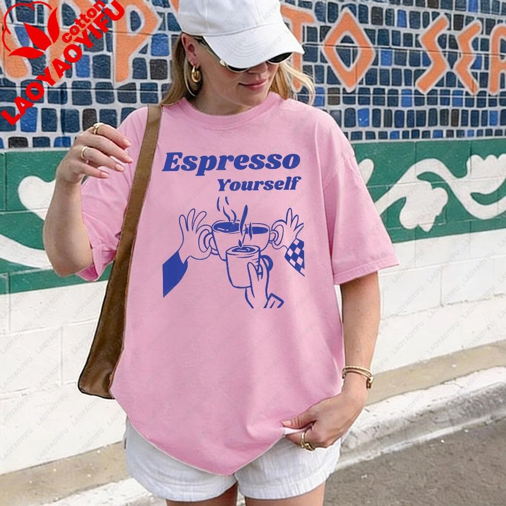 Espresso Yourself Coffee Graphic Shirt Retro 70s Typography Funny Coffee Pun Print Barista Aesthetic Casual Tee Unisex Unisex Tops S