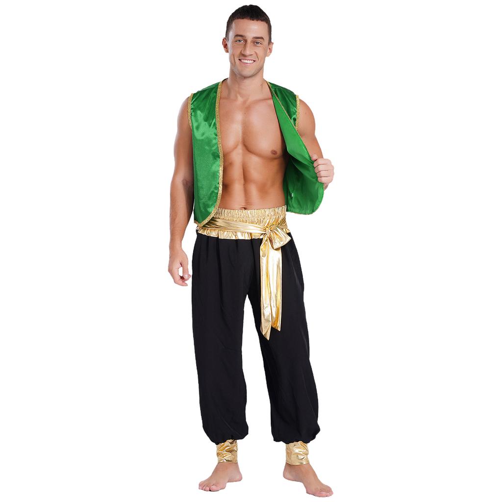 Mens Arabian Prince Costume Set Sleeveless Braided Trimming Open Front Waistcoat Elastic Waistband Patchwork Pants