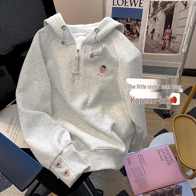 

Unisex Strawberry Embroidery Half-Zip Hooded Sweatshirt - Sweet College Style for Spring and Autumn L (100-120 lbs)
