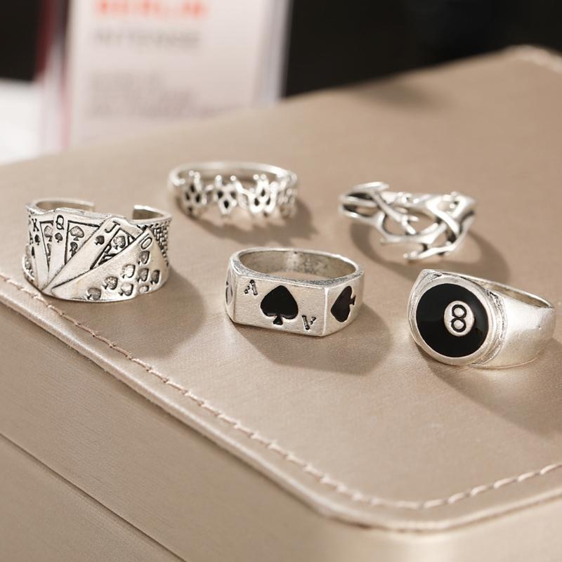 5 Pieces Punk Poker Billiards Rings for Women Funny Goth Hip Hop Retro Fashion Male Couple Birthday Festival Jewelry