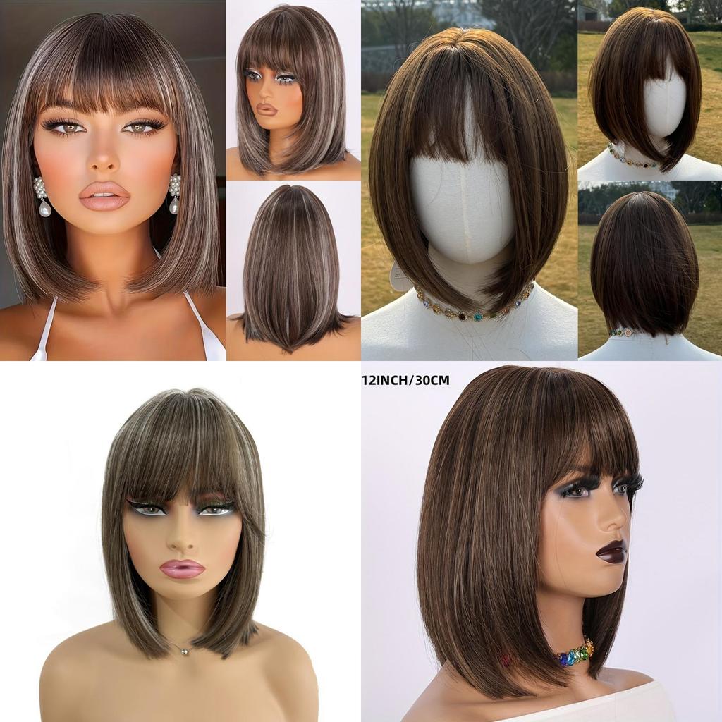 Womens Short Straight Wig With Bangs Hightemperature Silk For Casual And Party Use