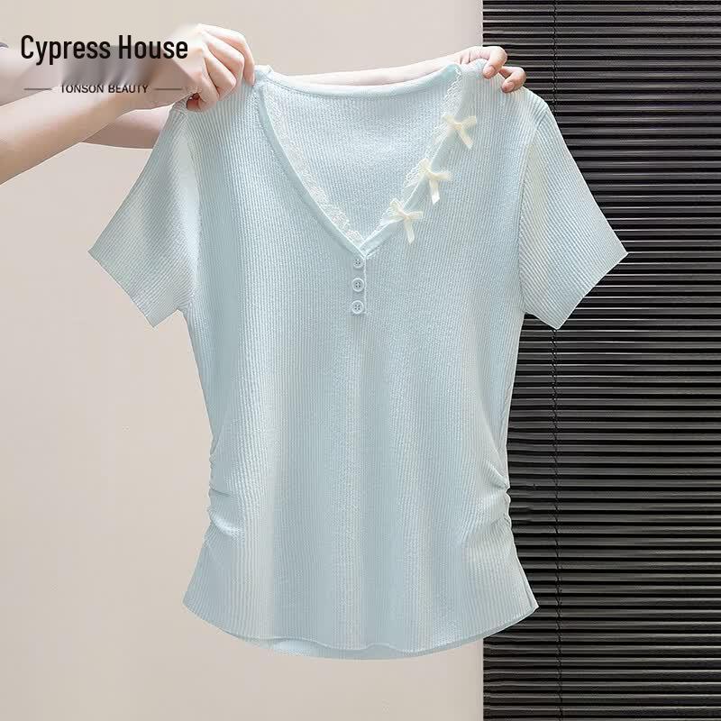 

Women s V-Neck Slim-Fit Knit Short Sleeve T-Shirt One Size