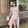 Women's Summer 2026 Floral Midi Dress - Square Neck, Puff Sleeves & Irregular Slit Design