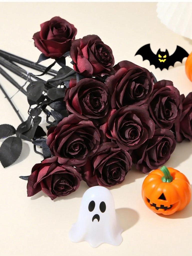 10PCS 50CM Dark Red Black Rose Artificial Flowers Halloween Party Dark Photo Decoration Prop Goth Rose Wedding Home Decor