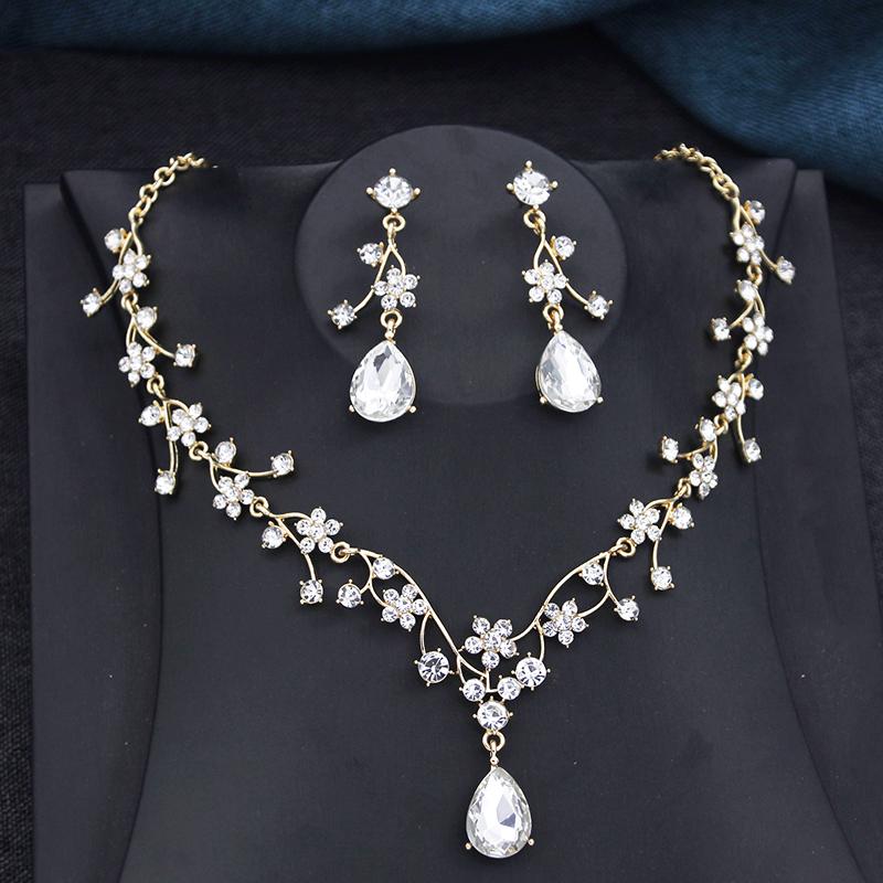 Rhinestone Water drop Flower Bridal Jewelry Sets for Women Earring and Choker Necklace Set Wedding Jewelry Sets 3 Pcs Set Gifts