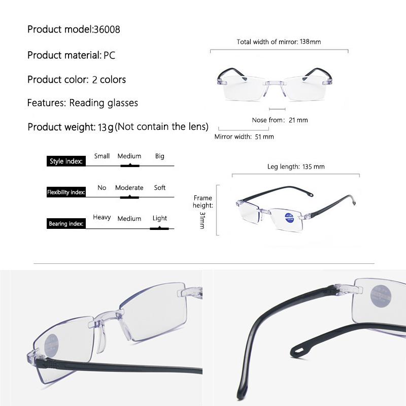 Anti Blue Light Blocking Rimless Reading Glasses for Women Men Square Frameless Presbyopic Computer Eyeglasses Diopters +1.0 1.5 2