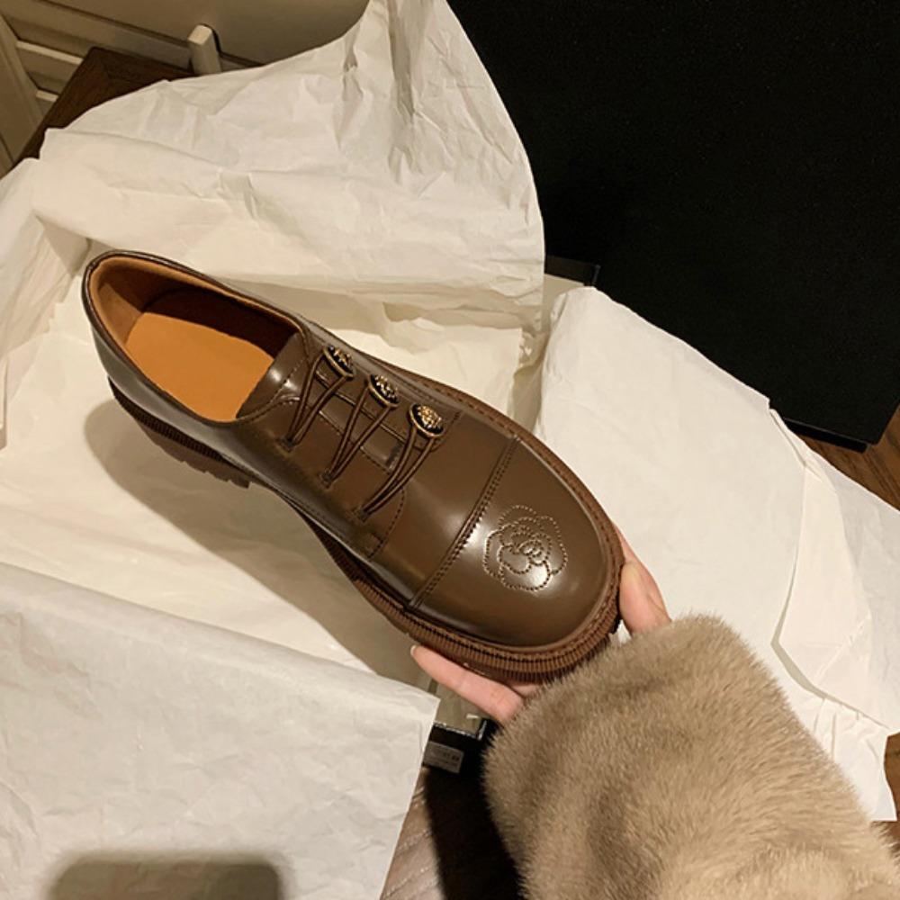 Fashion Spring New Black Loafers Women Chunky Heel Shoes Camellia British Retro Oxfords