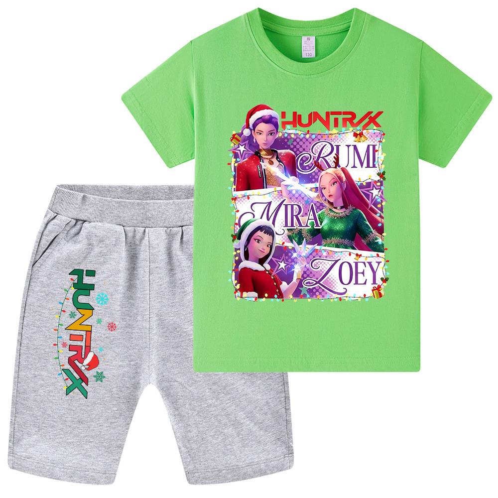 WA1265 Kids Boys Girls Kpop Rumi Zoey Mira Christmas Print Short Sleeves T-shirt Shorts Pants Sets