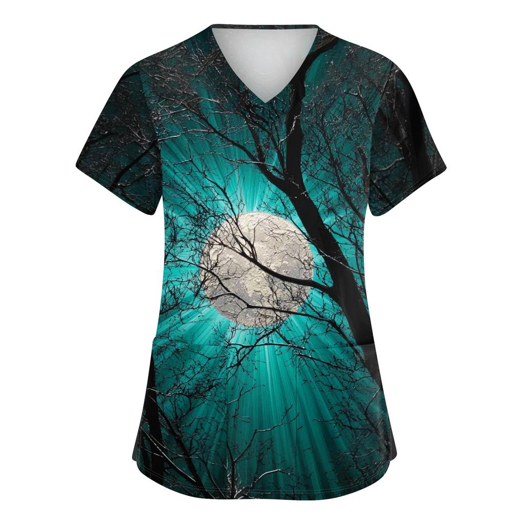 Women's V Neck Short Sleeve Work Shirt Halloween Print Top with Side Slits and Pockets Casual Fit Comfortable Fabric for Daily Wear