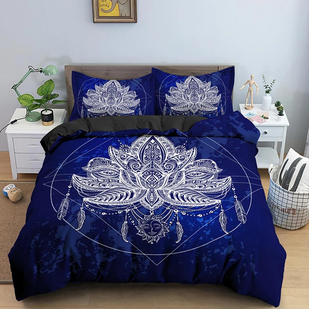 2/3dílná Sada na postel Bohemian Lotus Sada povlaku na přikrývku Mandala Květinový povlak na přikrývku Pro dospělé Černá Polyesterová sada ložního prádla Queen King Twin Pro teenagery