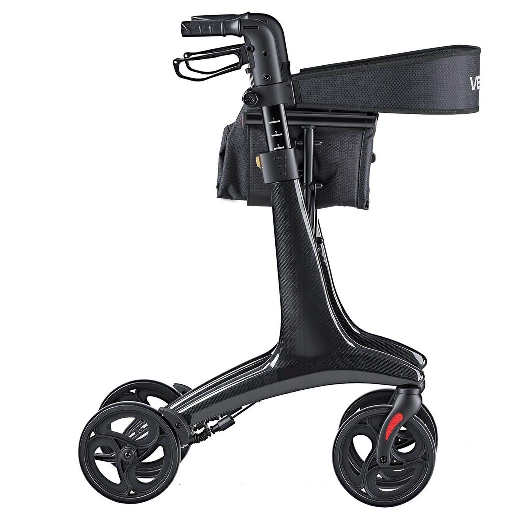 Rollator Walker with Seat for Seniors, Foldable Lightweight Rolling Walker, Carbon Fiber Mobility Walking Aid with 8" Solid PVC Wheels and Adjustable