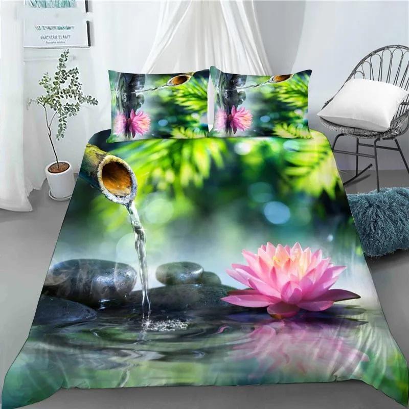 3D Lotus Flower Painting Duvet Cover Polyester Quilt Cover with Pillowcases King Queen Size for Kids Teen Adults Bed Decor Gifts