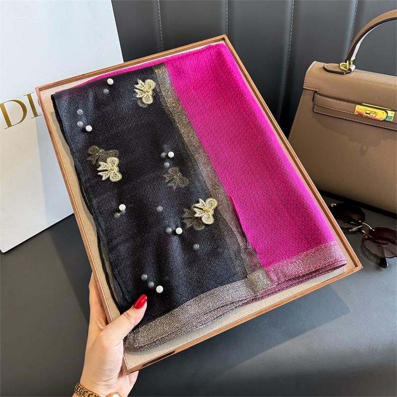 Floral Embroidery Silk Wool Scarf Luxury Women Hijab Female Foulard Pashmina Long Beach Stoles Shawl Wrap Scarves Bandana