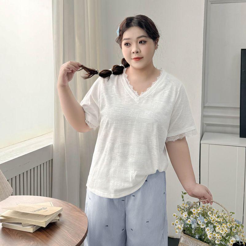 Plus size women clothing [Romance and Softness] Lace Stitching V-neck Jacquard T-shirt Summer Chubby Girl Loose Short sleeve Top