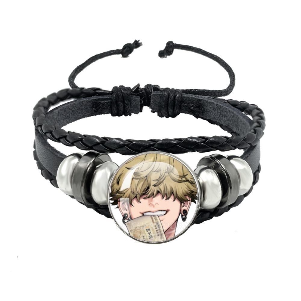 Manga Gokurakugai Cartoon Character Glass Cabochon Black Leather Bangle Bracelet Jewelry Charm Fans Gift MS013
