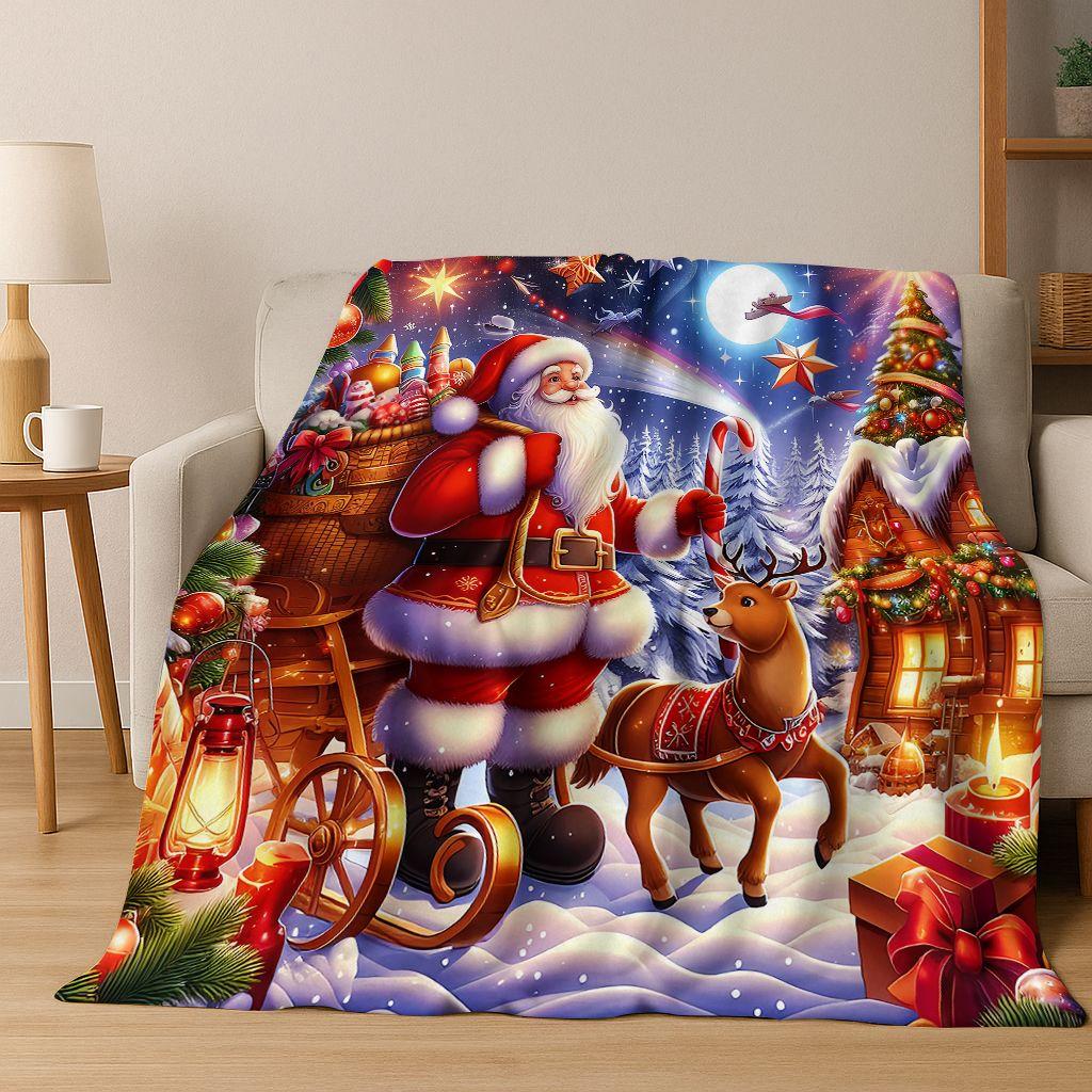 3D Merry Christmas Tree Santa Claus Cartoon Flannel Blanket Soft Warm Blanket for Bedroom Living Room Bed Camping Picnic Gift
