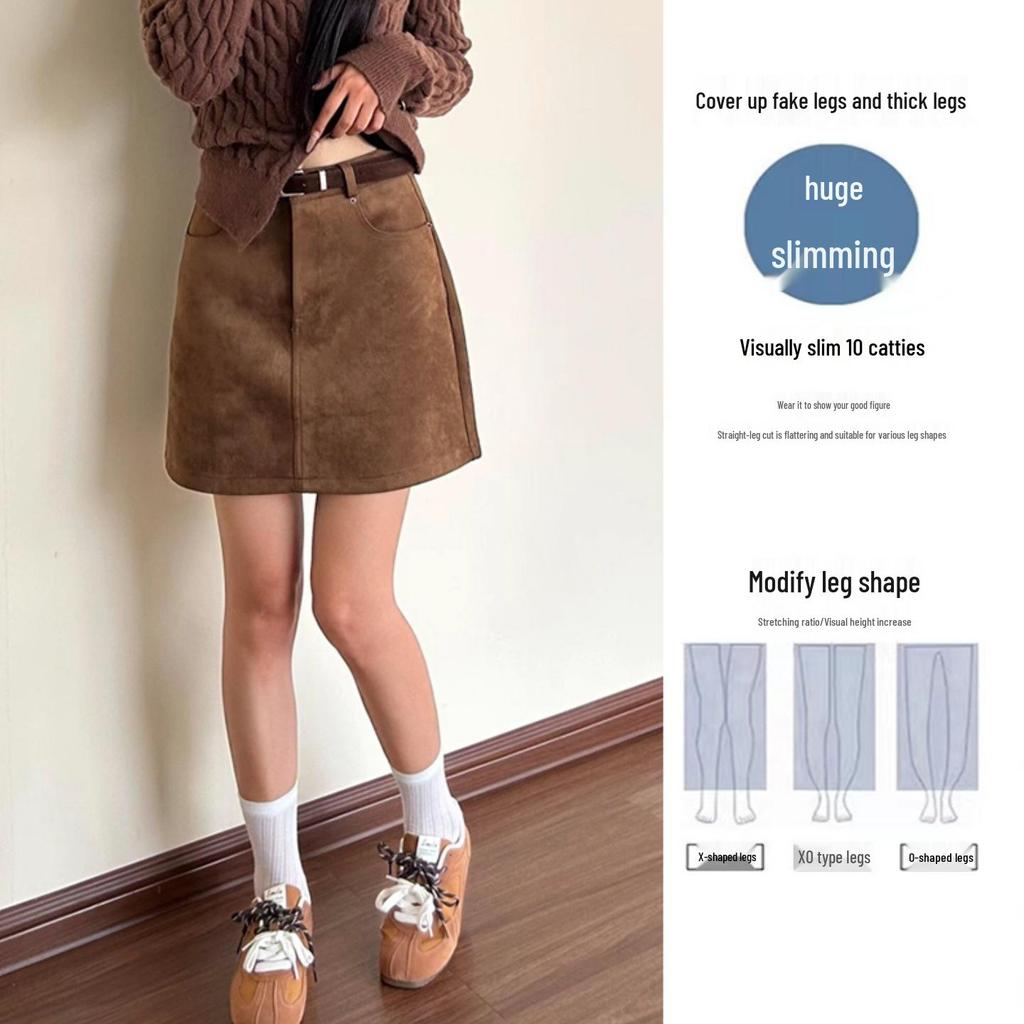 Women's Plus Size Brown Suede Hip-Hugging Short Skirt - Retro Designer Style for Spring and Autumn