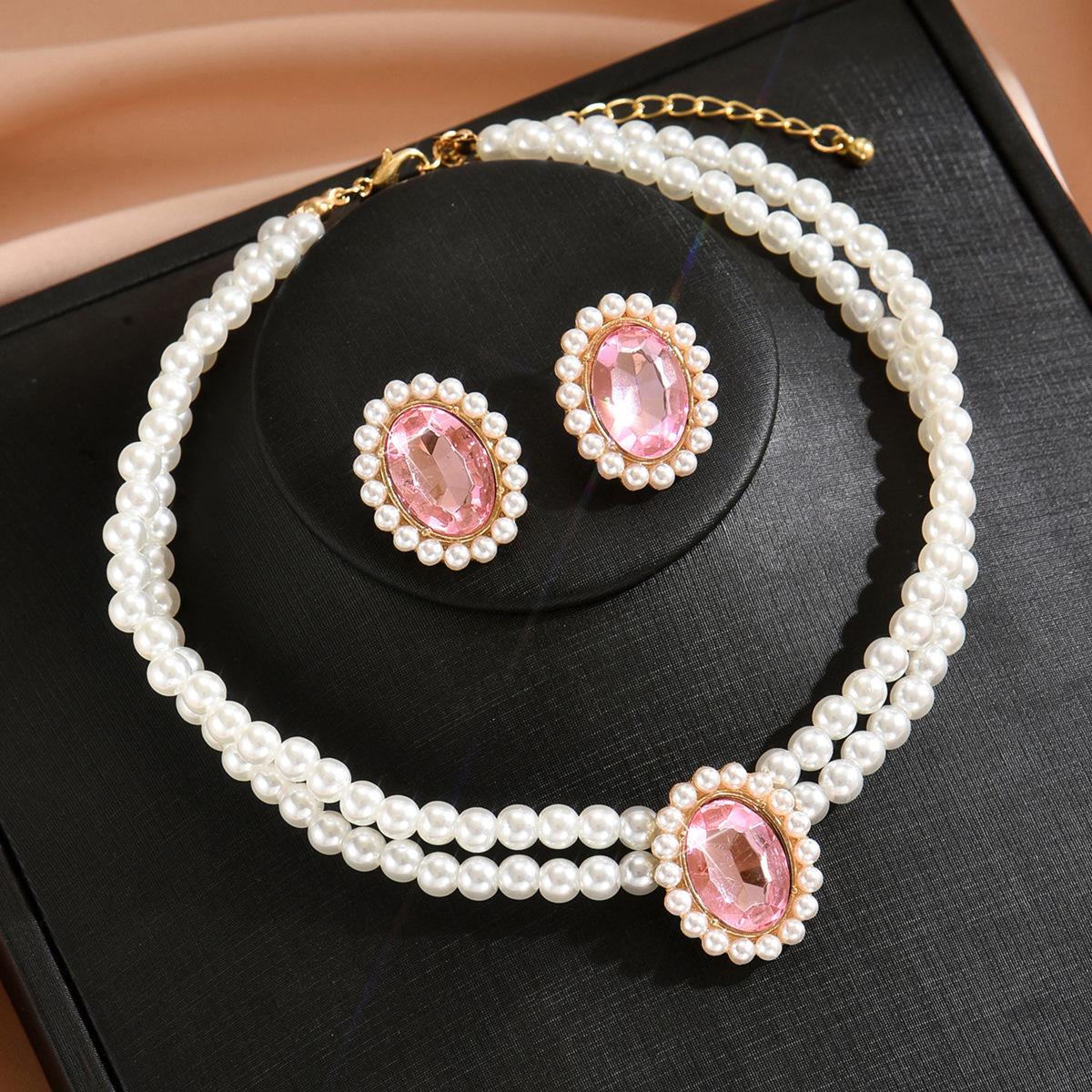 

European & American Double-layer Pearl Necklace & Emerald Choker Set - Hepburn Style Earrings for Evening Dress