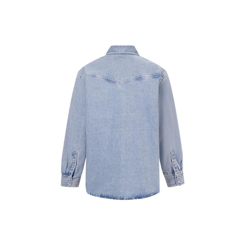 Levis Solid Color Distressed Straight Leg Long Sleeve Shirt Women shirts Blue A3373-0013