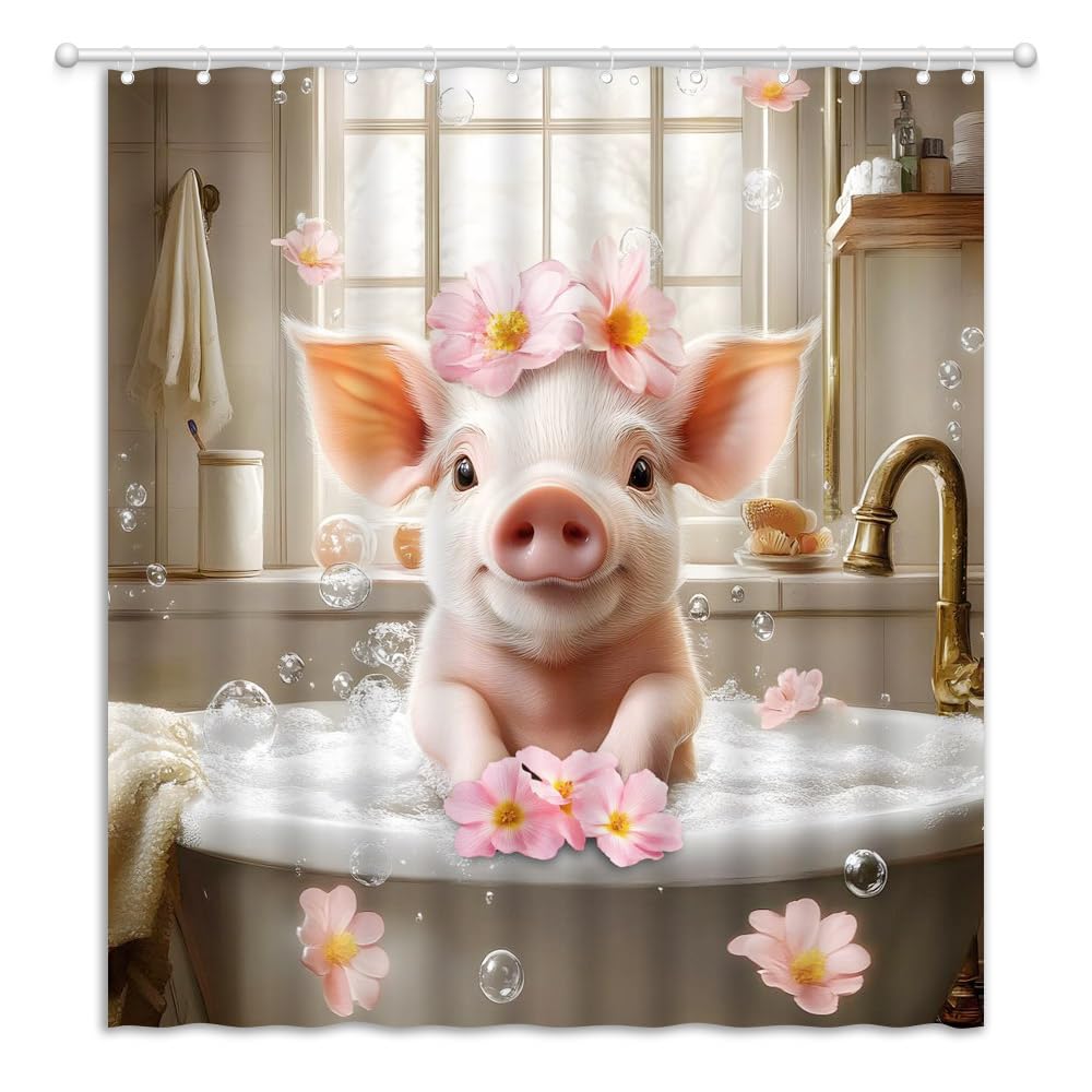 Pink Pig Shower Curtain, Lovely Animal Piggy Bath Curtain Western Animals Bathroom Decor Romantic Rose Flowers Bathroom Curtain