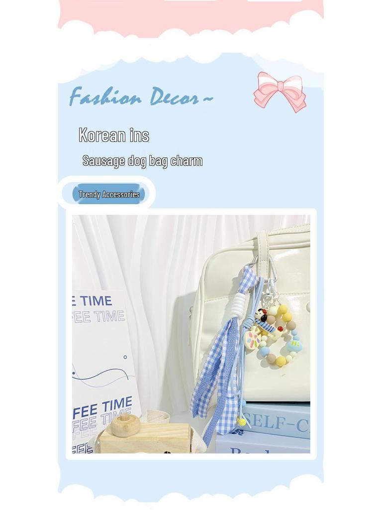 Korean Style Blue Dachshund Puppy Braided Rope Charm Keychain Pendant