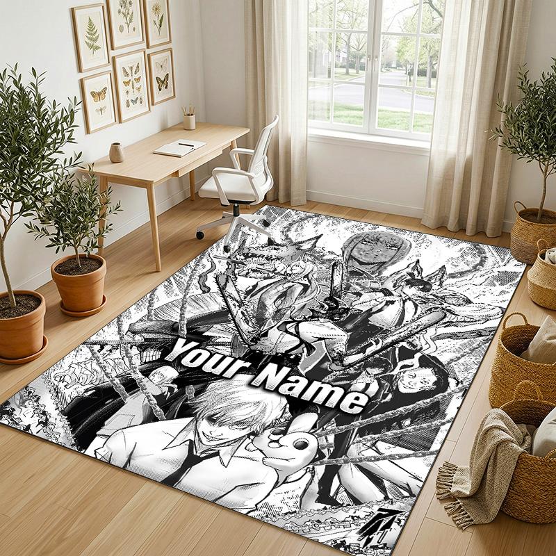 Personalized Crystal Velvet Carpet,Chainsaw Man Custom Printed Name, Plush Area Rug For Home Indoor Decor