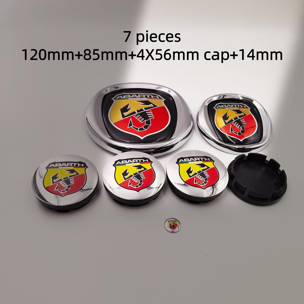 7pcs Fiat Abarth Car Front Hood Bonnet Badge 85/95/100/120mm Rear Trunk Boot Badge 10/12cm Hub Cap Wheel Center Cap 56/60mm