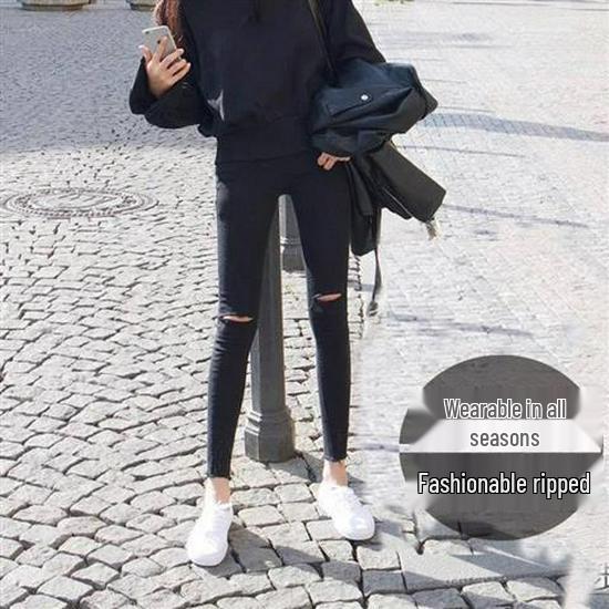 Twillové zeštíhlující černé tužkové kalhoty pro ženy - Jarní a podzimní roztrhaný styl