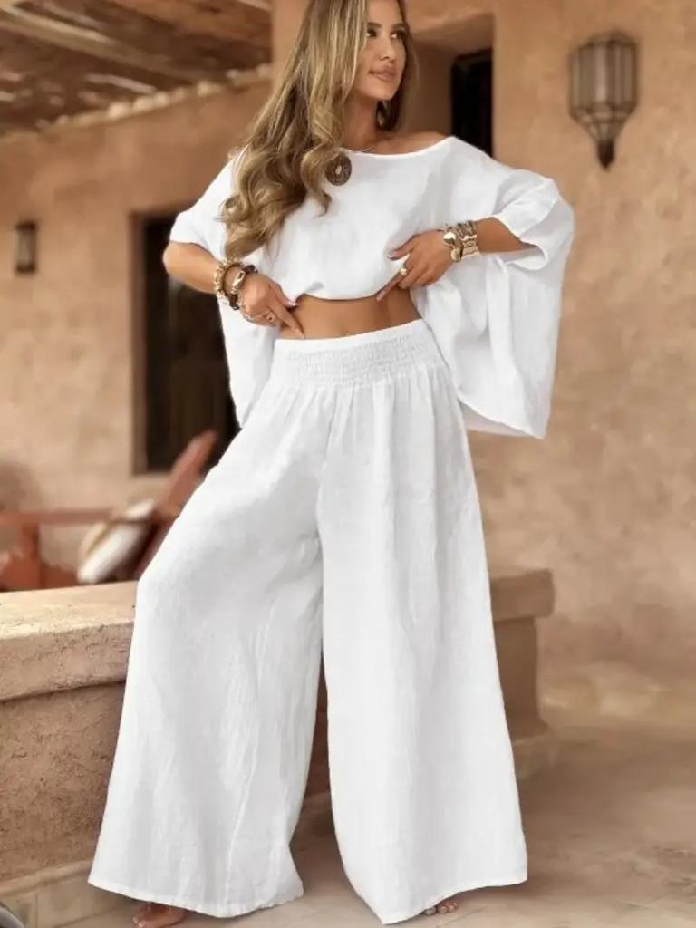 Braunes Fledermausärmel Off-Shoulder Oberteil mit hochtaillierter Hose mit weitem Bein Zweiteiliges Set