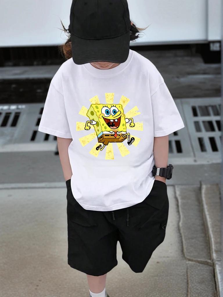 Lovable SpongeBob Short Sleeve T Shirt For Kids Summer Cute Cartoon Crewneck 3-14